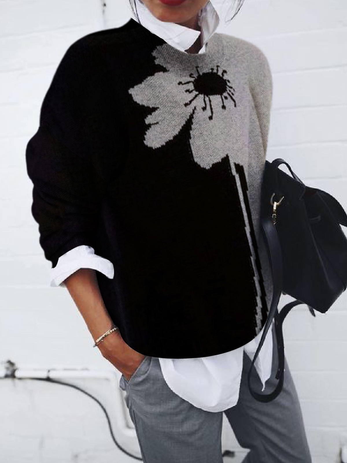 Ladies Fashion Brushed Geometric Print Loose Long Sleeve Sweater
