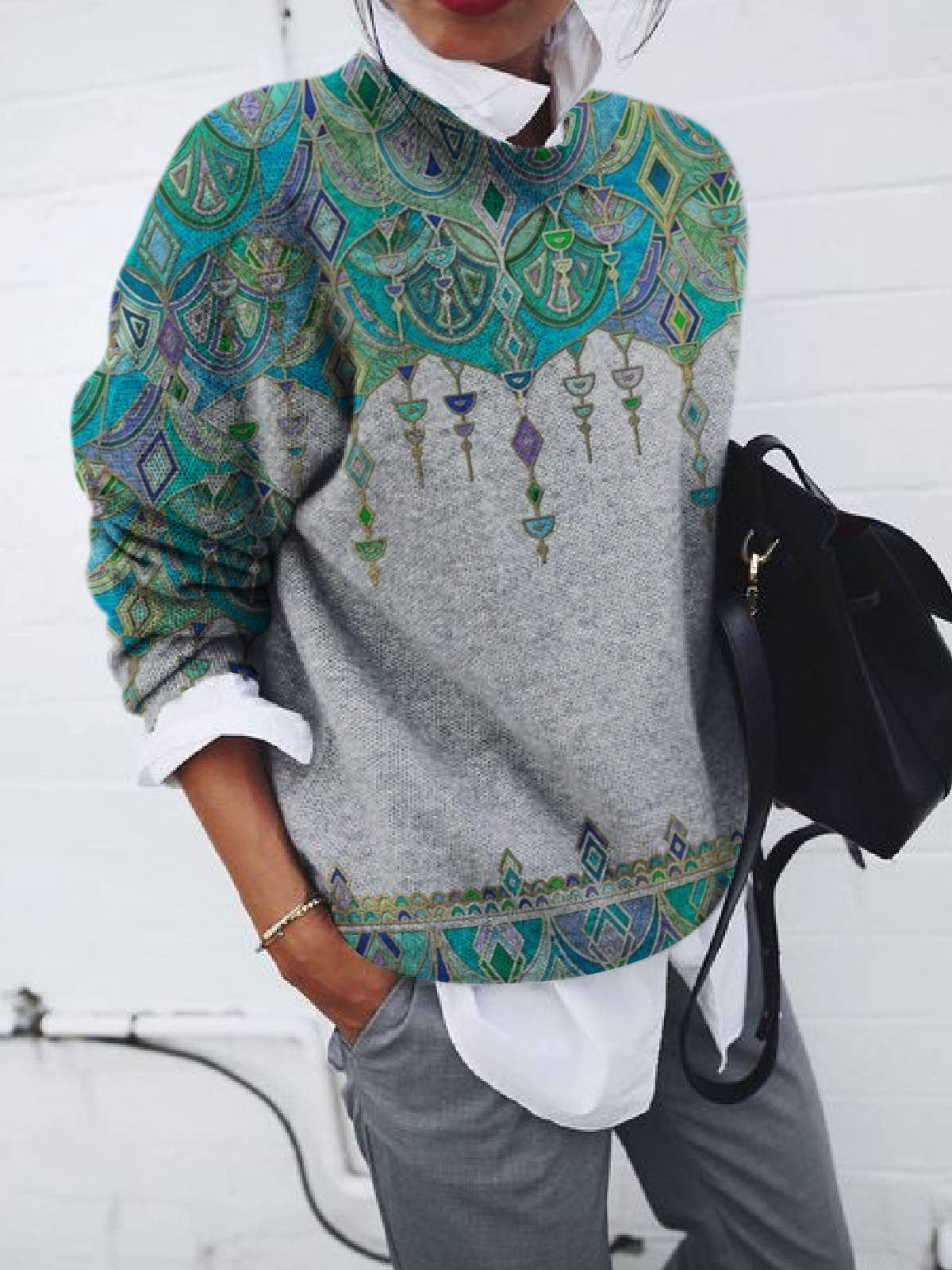 Ladies Fashion Brushed Geometric Print Loose Long Sleeve Sweater
