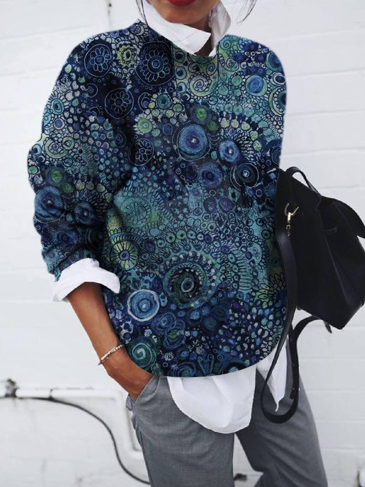 Ladies Fashion Brushed Geometric Print Loose Long Sleeve Sweater